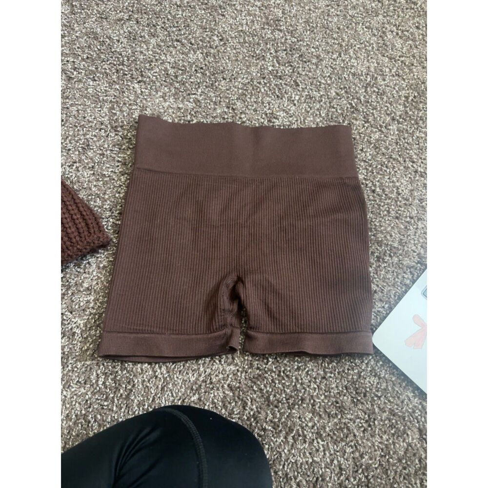 Brown Ribbed Biker Shorts High Rise Stretch Size Small